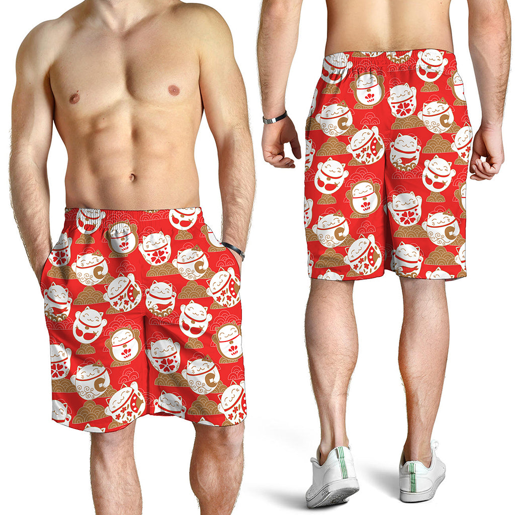 Japanese Lucky Cat Pattern Print Men's Shorts