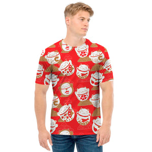 Japanese Lucky Cat Pattern Print Men's T-Shirt