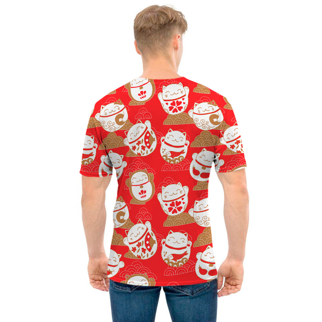 Japanese Lucky Cat Pattern Print Men's T-Shirt