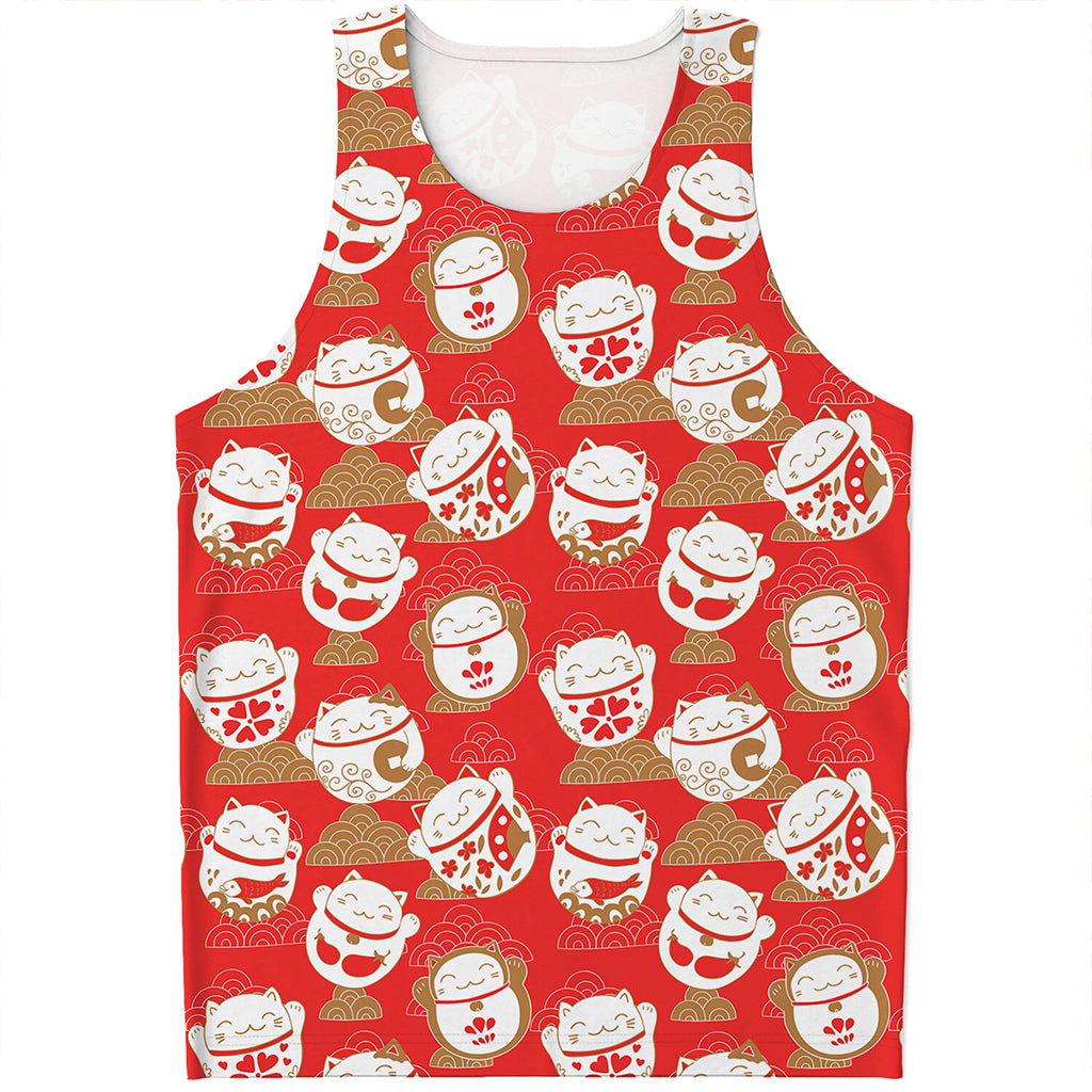 Japanese Lucky Cat Pattern Print Men's Tank Top