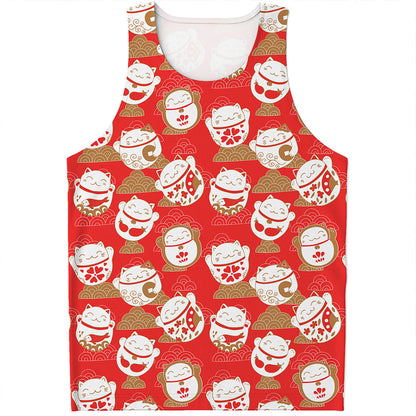 Japanese Lucky Cat Pattern Print Men's Tank Top