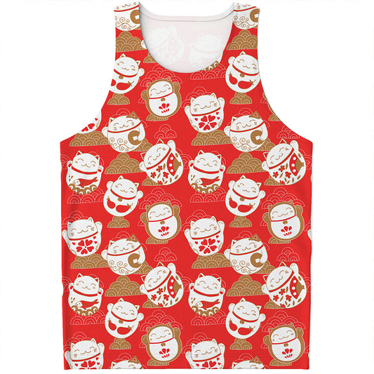 Japanese Lucky Cat Pattern Print Men's Tank Top