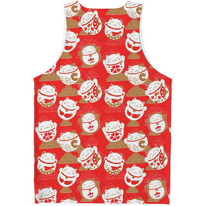 Japanese Lucky Cat Pattern Print Men's Tank Top