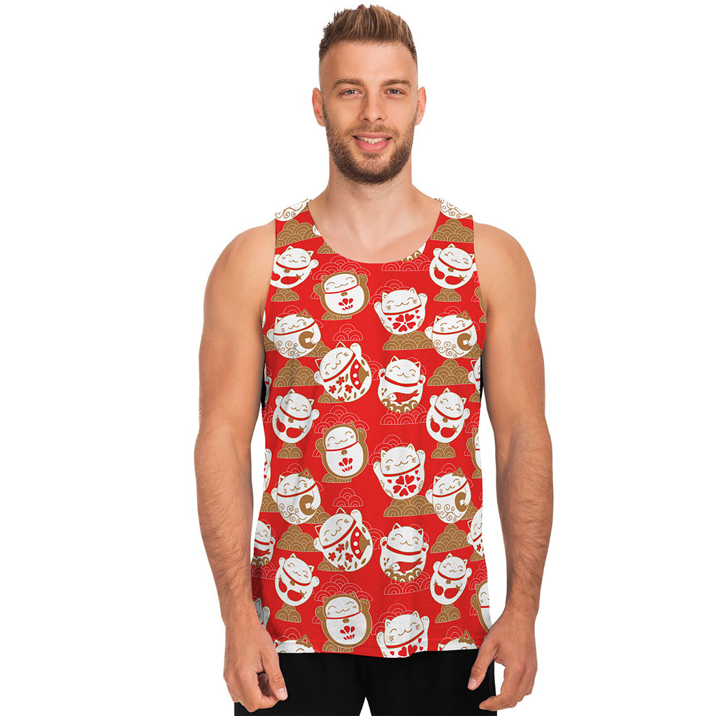Japanese Lucky Cat Pattern Print Men's Tank Top