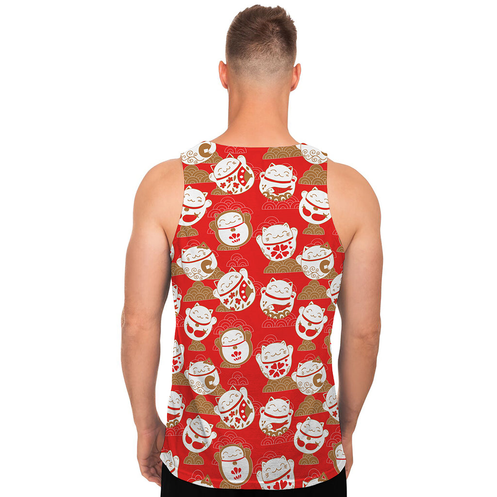 Japanese Lucky Cat Pattern Print Men's Tank Top