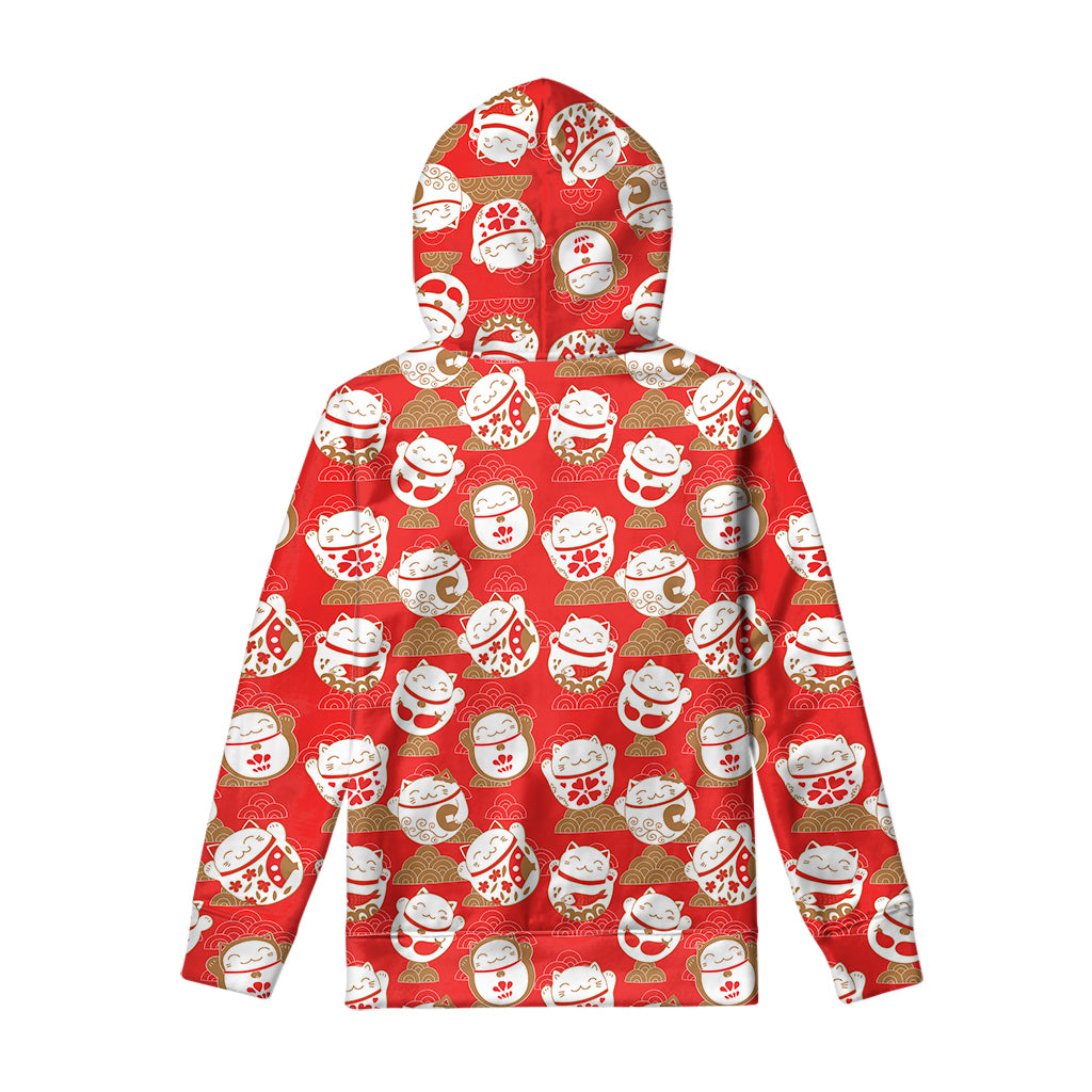 Japanese Lucky Cat Pattern Print Pullover Hoodie