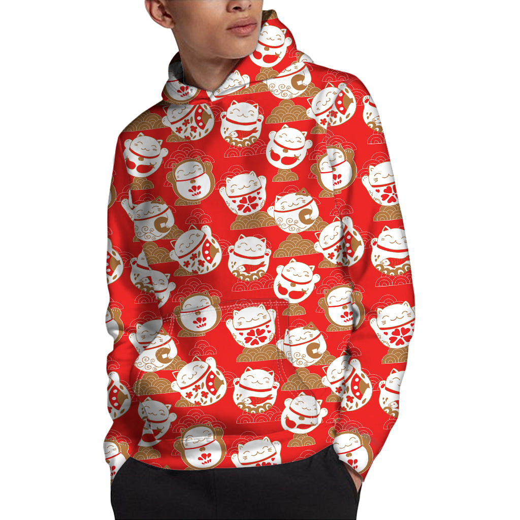 Japanese Lucky Cat Pattern Print Pullover Hoodie
