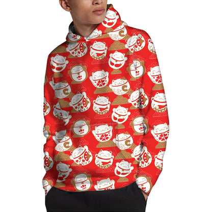 Japanese Lucky Cat Pattern Print Pullover Hoodie