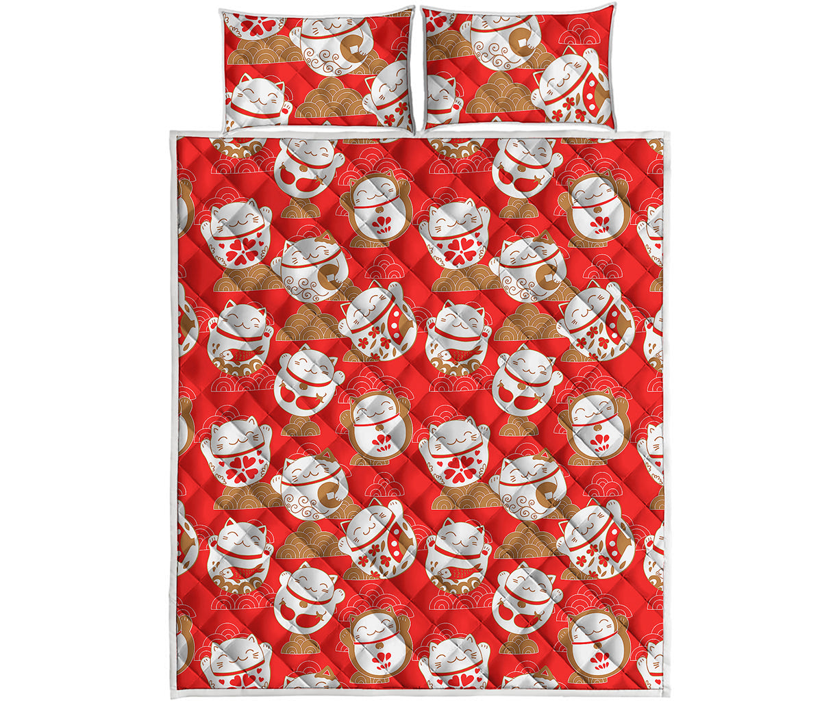 Japanese Lucky Cat Pattern Print Quilt Bed Set