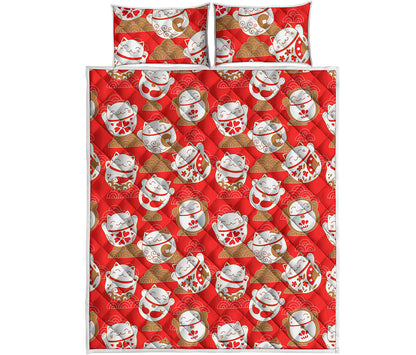Japanese Lucky Cat Pattern Print Quilt Bed Set