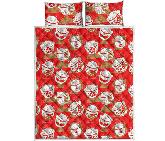 Japanese Lucky Cat Pattern Print Quilt Bed Set