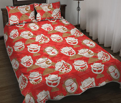 Japanese Lucky Cat Pattern Print Quilt Bed Set