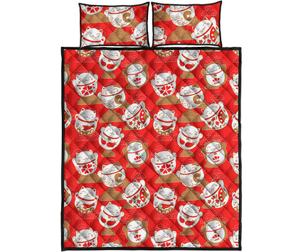 Japanese Lucky Cat Pattern Print Quilt Bed Set