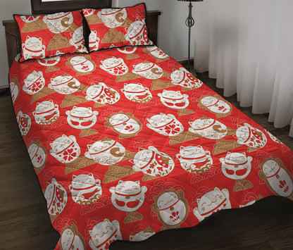 Japanese Lucky Cat Pattern Print Quilt Bed Set