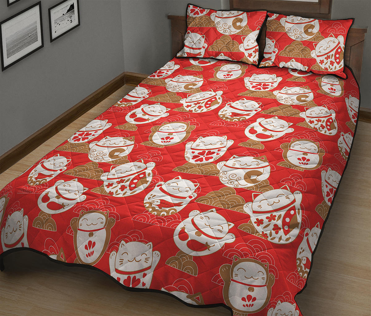 Japanese Lucky Cat Pattern Print Quilt Bed Set