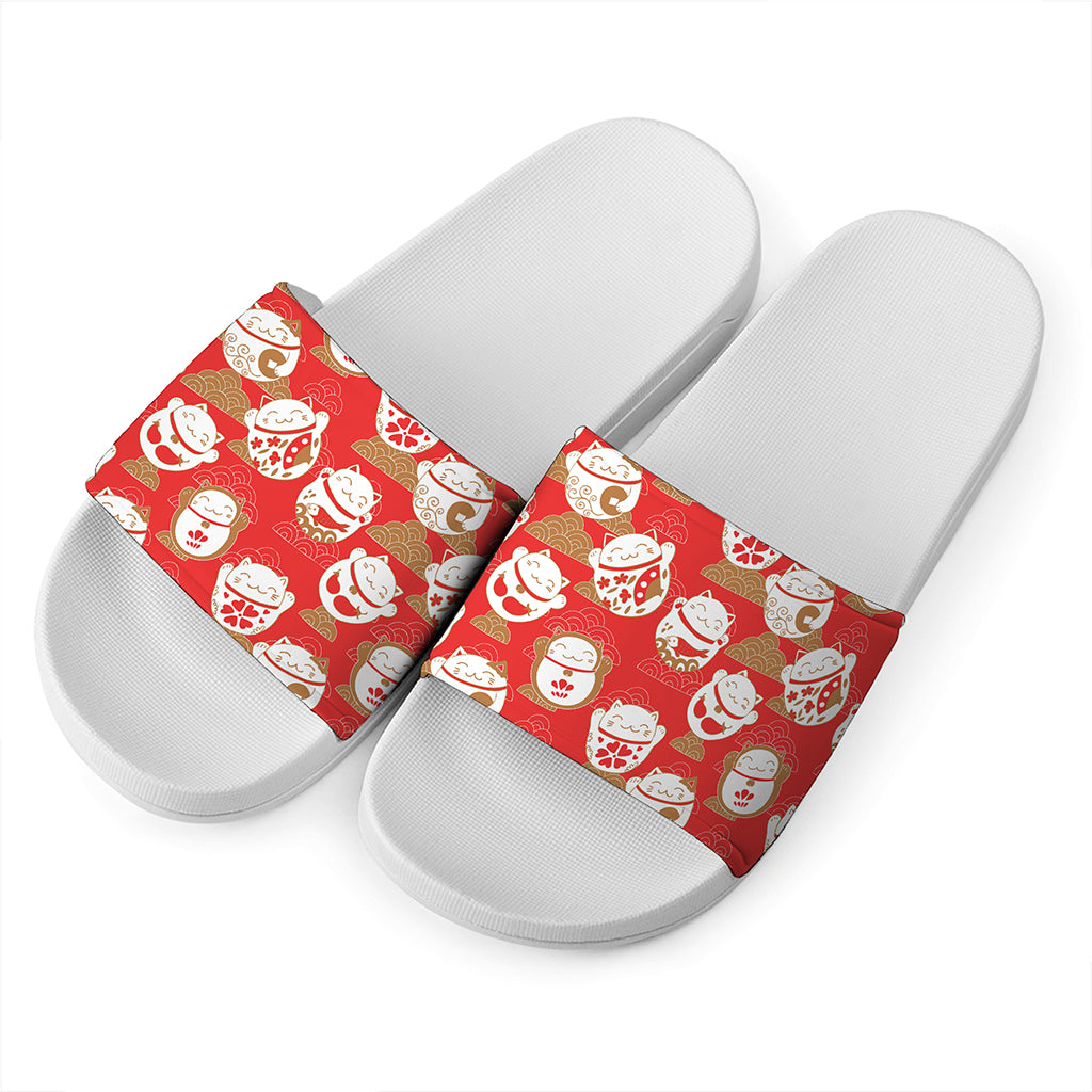 Japanese Lucky Cat Pattern Print White Slide Sandals