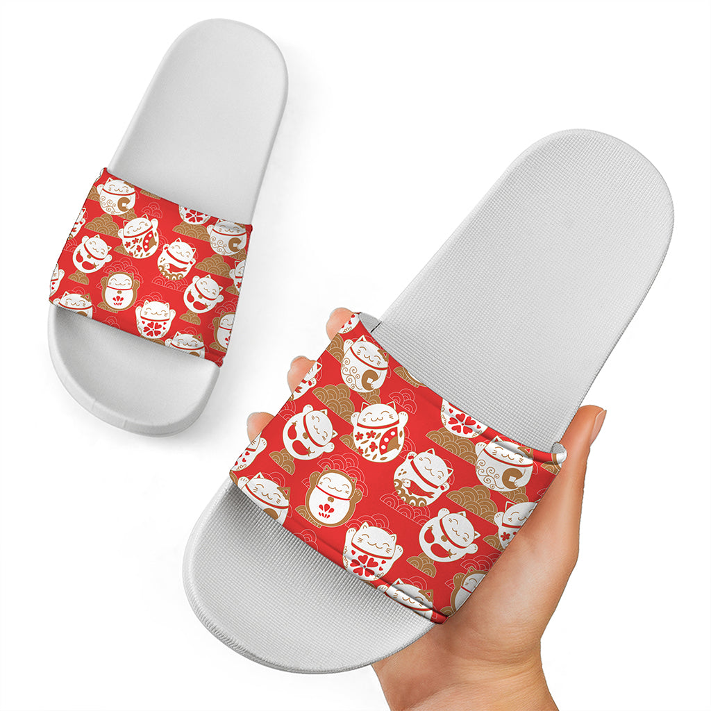 Japanese Lucky Cat Pattern Print White Slide Sandals