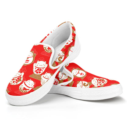 Japanese Lucky Cat Pattern Print White Slip On Shoes
