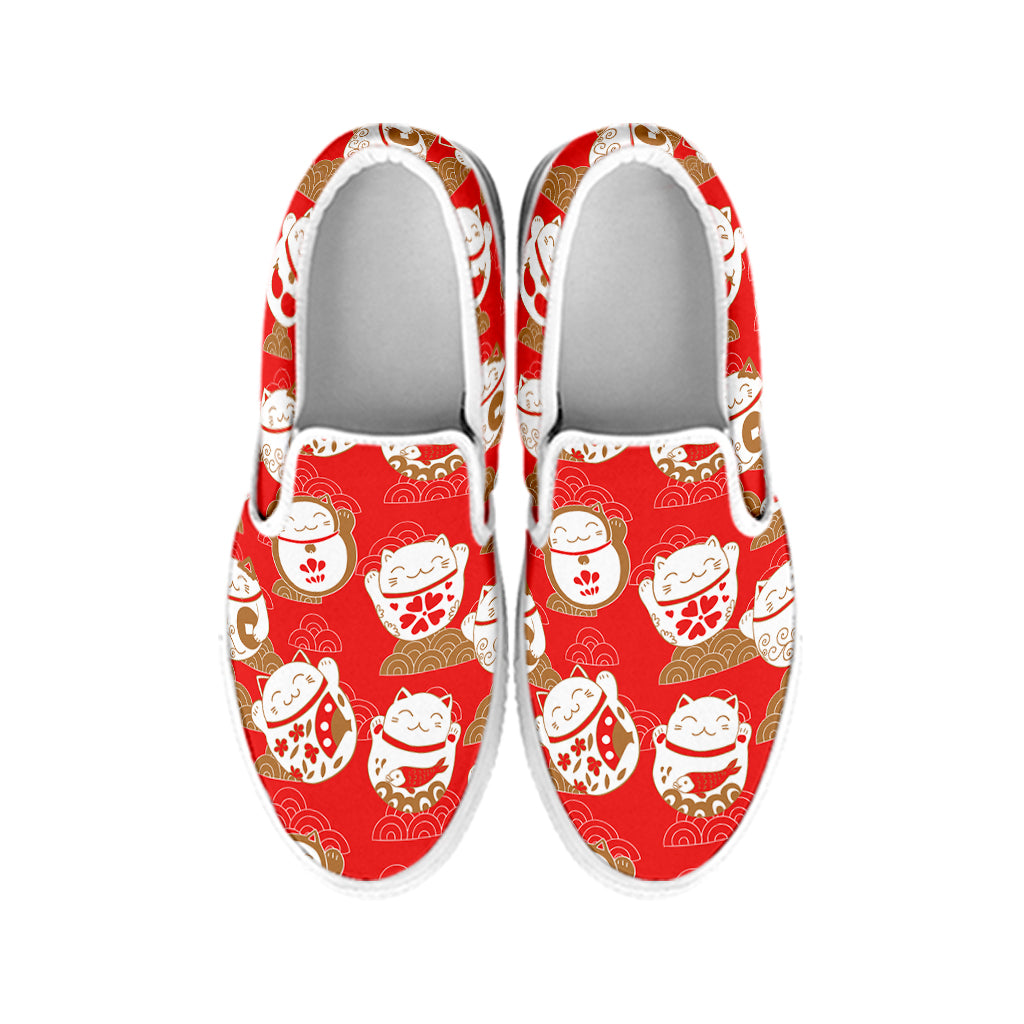 Japanese Lucky Cat Pattern Print White Slip On Shoes