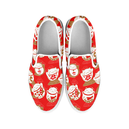 Japanese Lucky Cat Pattern Print White Slip On Shoes