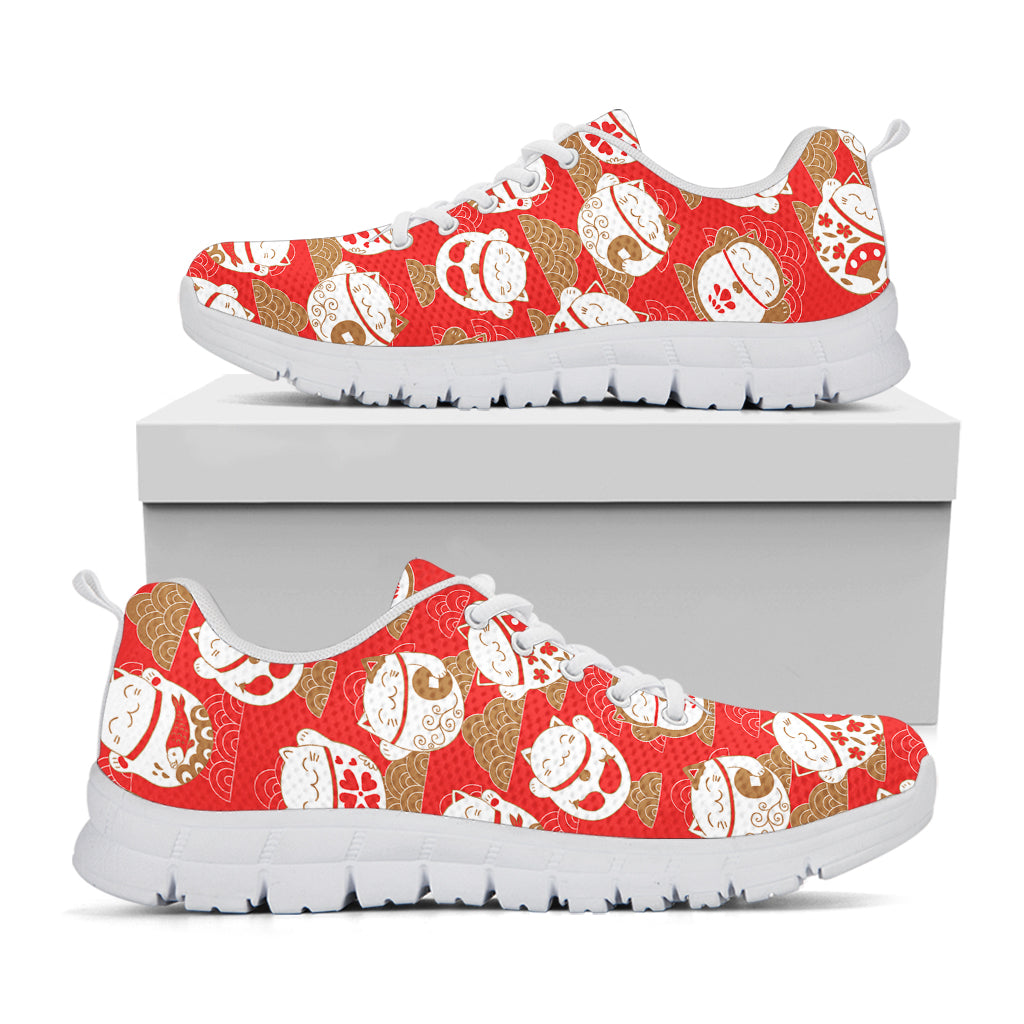 Japanese Lucky Cat Pattern Print White Sneakers