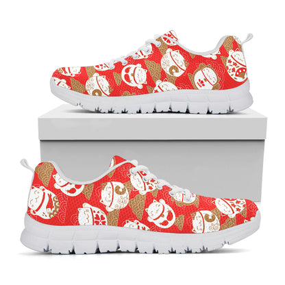 Japanese Lucky Cat Pattern Print White Sneakers