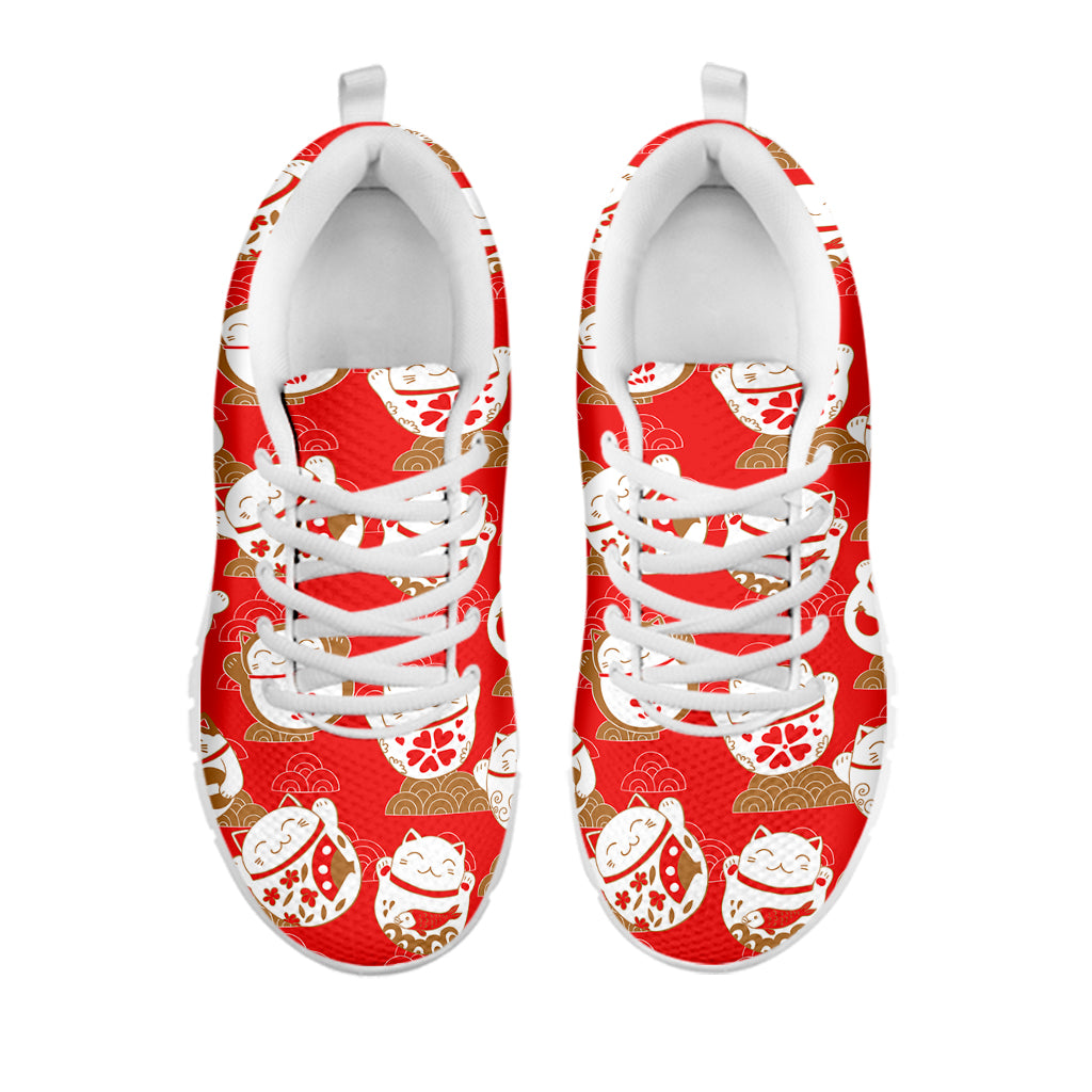 Japanese Lucky Cat Pattern Print White Sneakers