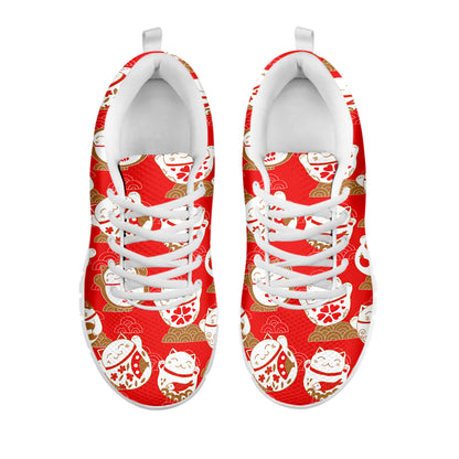 Japanese Lucky Cat Pattern Print White Sneakers