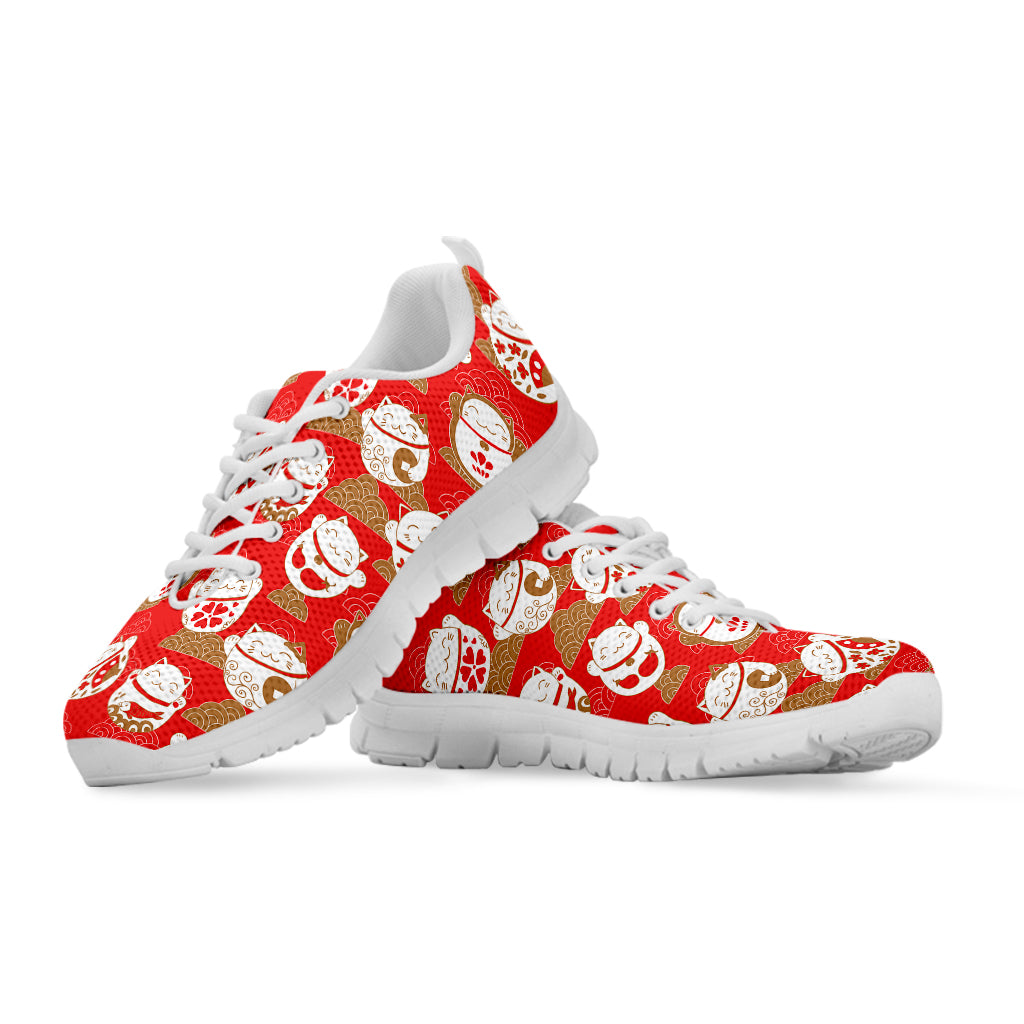 Japanese Lucky Cat Pattern Print White Sneakers