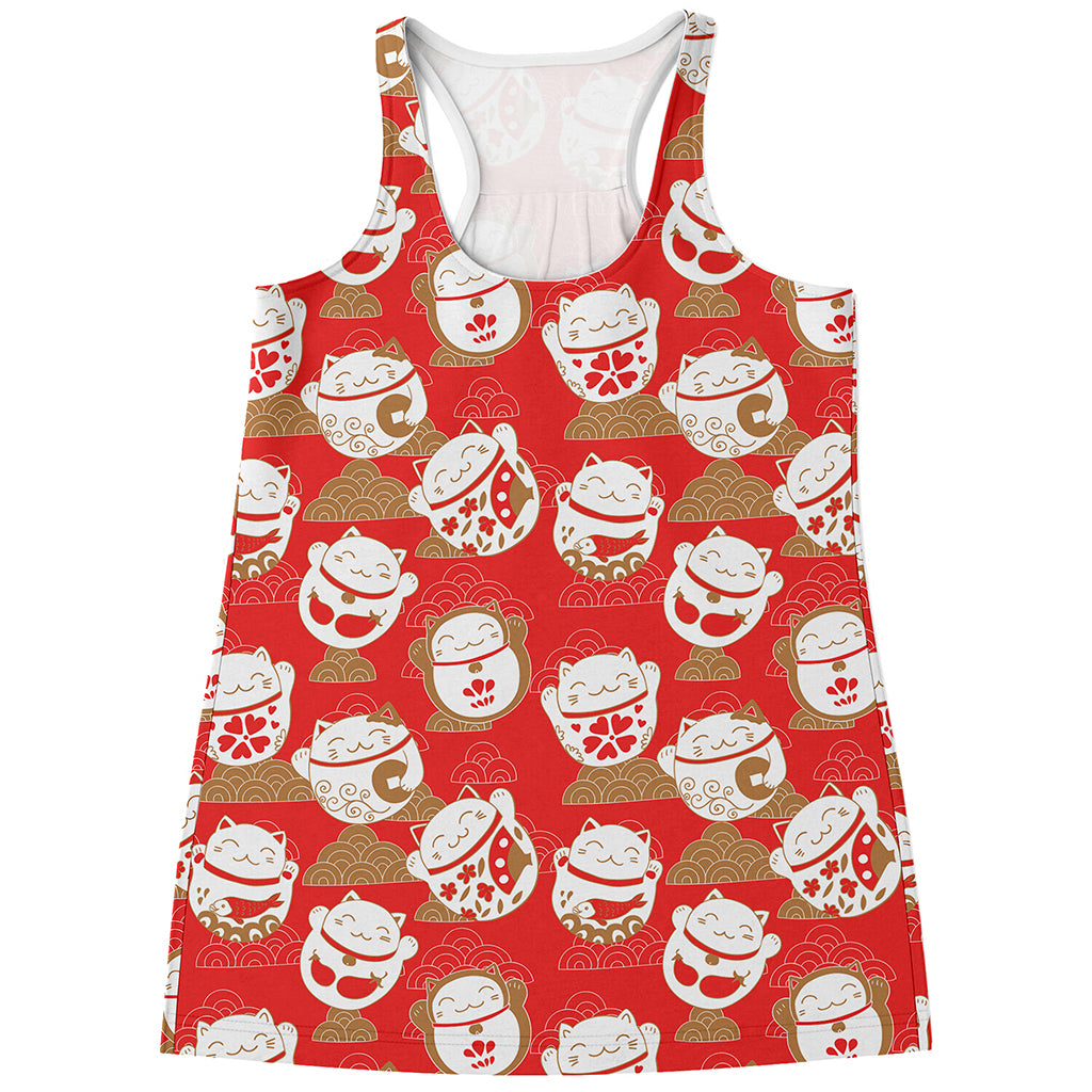 Japanese Lucky Cat Pattern Print Women's Racerback Tank Top