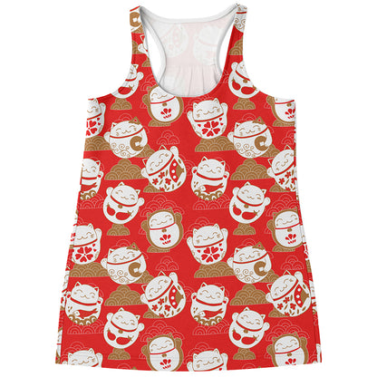 Japanese Lucky Cat Pattern Print Women's Racerback Tank Top