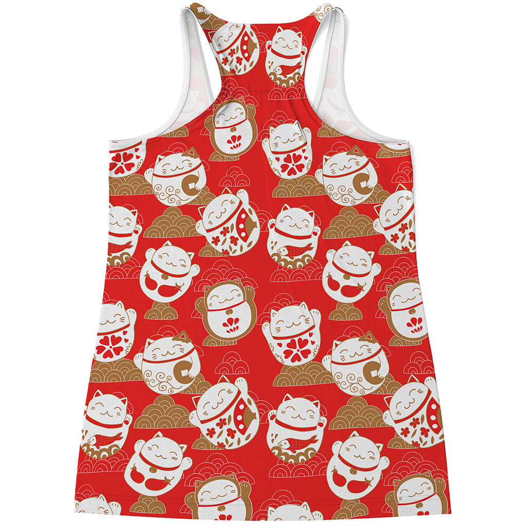 Japanese Lucky Cat Pattern Print Women's Racerback Tank Top