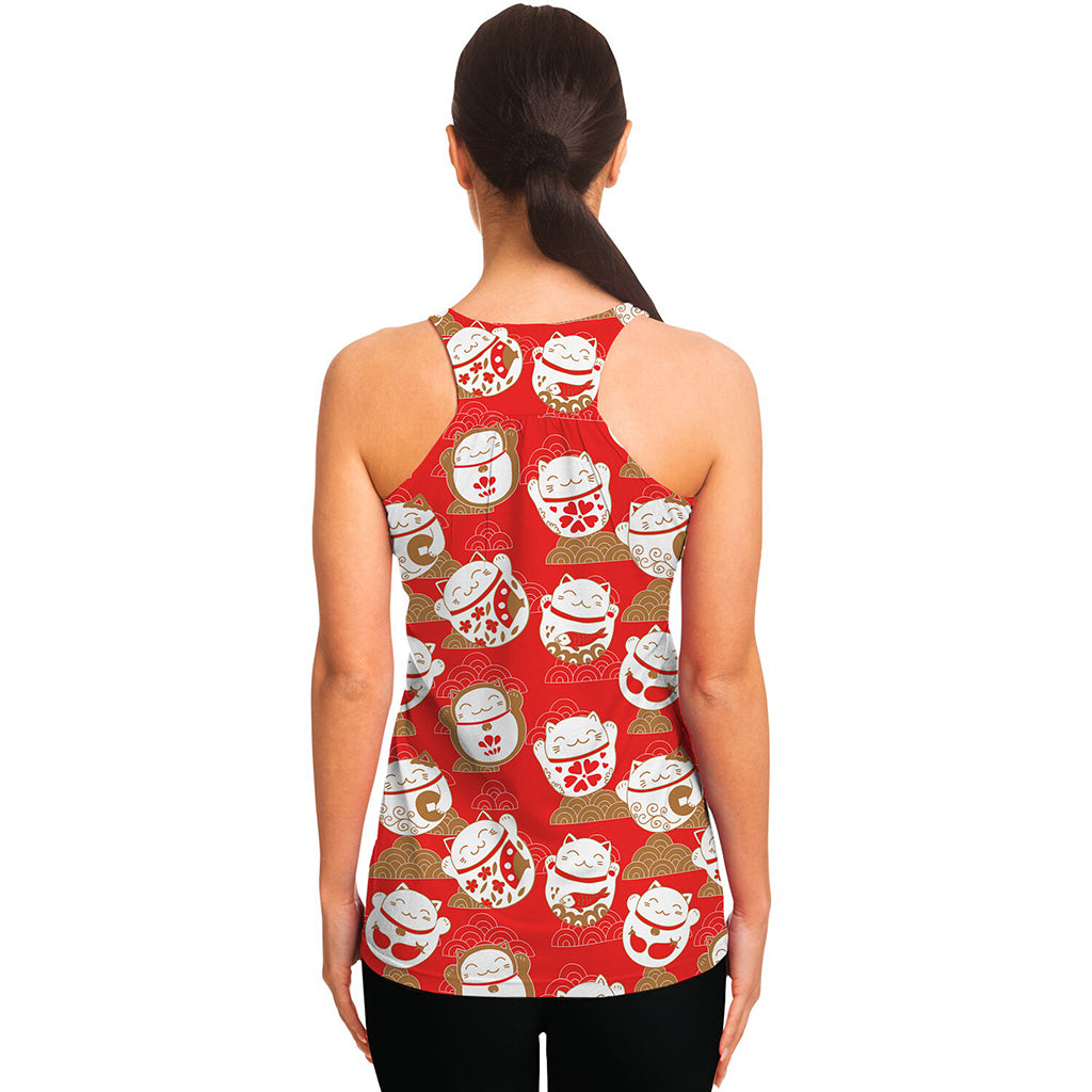 Japanese Lucky Cat Pattern Print Women's Racerback Tank Top