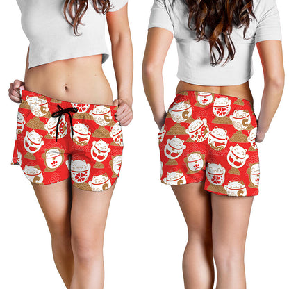 Japanese Lucky Cat Pattern Print Women's Shorts