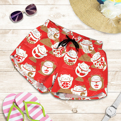 Japanese Lucky Cat Pattern Print Women's Shorts