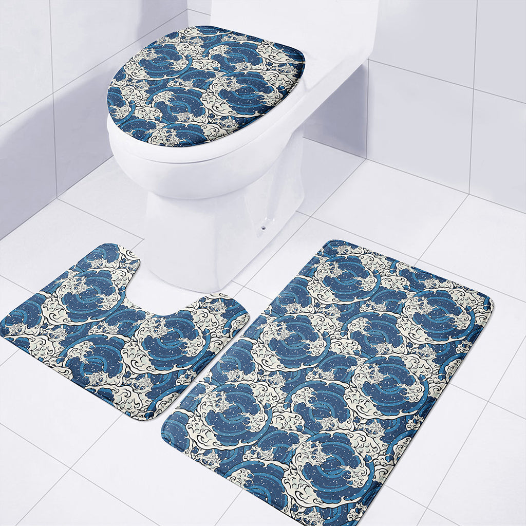 Japanese Ocean Wave Pattern Print 3 Piece Bath Mat Set