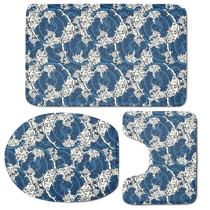 Japanese Ocean Wave Pattern Print 3 Piece Bath Mat Set