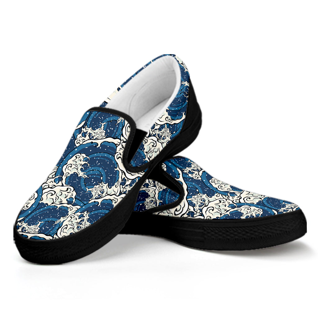 Japanese Ocean Wave Pattern Print Black Slip On Shoes