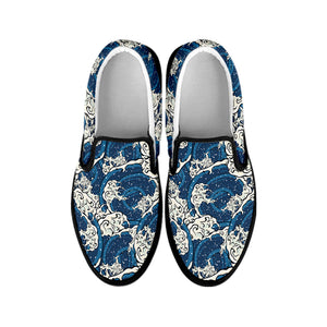 Japanese Ocean Wave Pattern Print Black Slip On Shoes