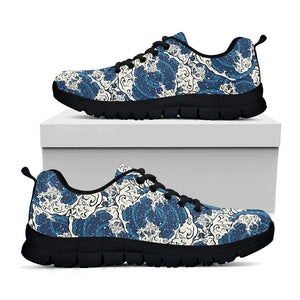 Japanese Ocean Wave Pattern Print Black Sneakers