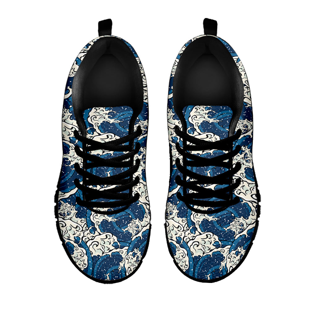 Japanese Ocean Wave Pattern Print Black Sneakers