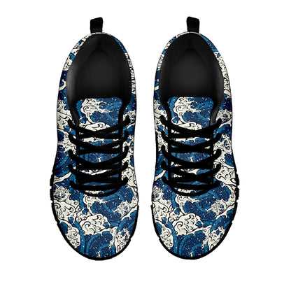 Japanese Ocean Wave Pattern Print Black Sneakers