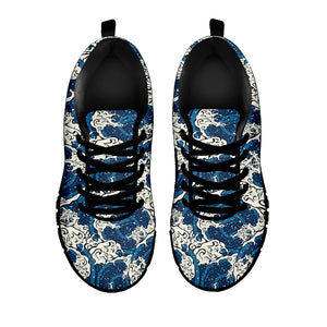 Japanese Ocean Wave Pattern Print Black Sneakers