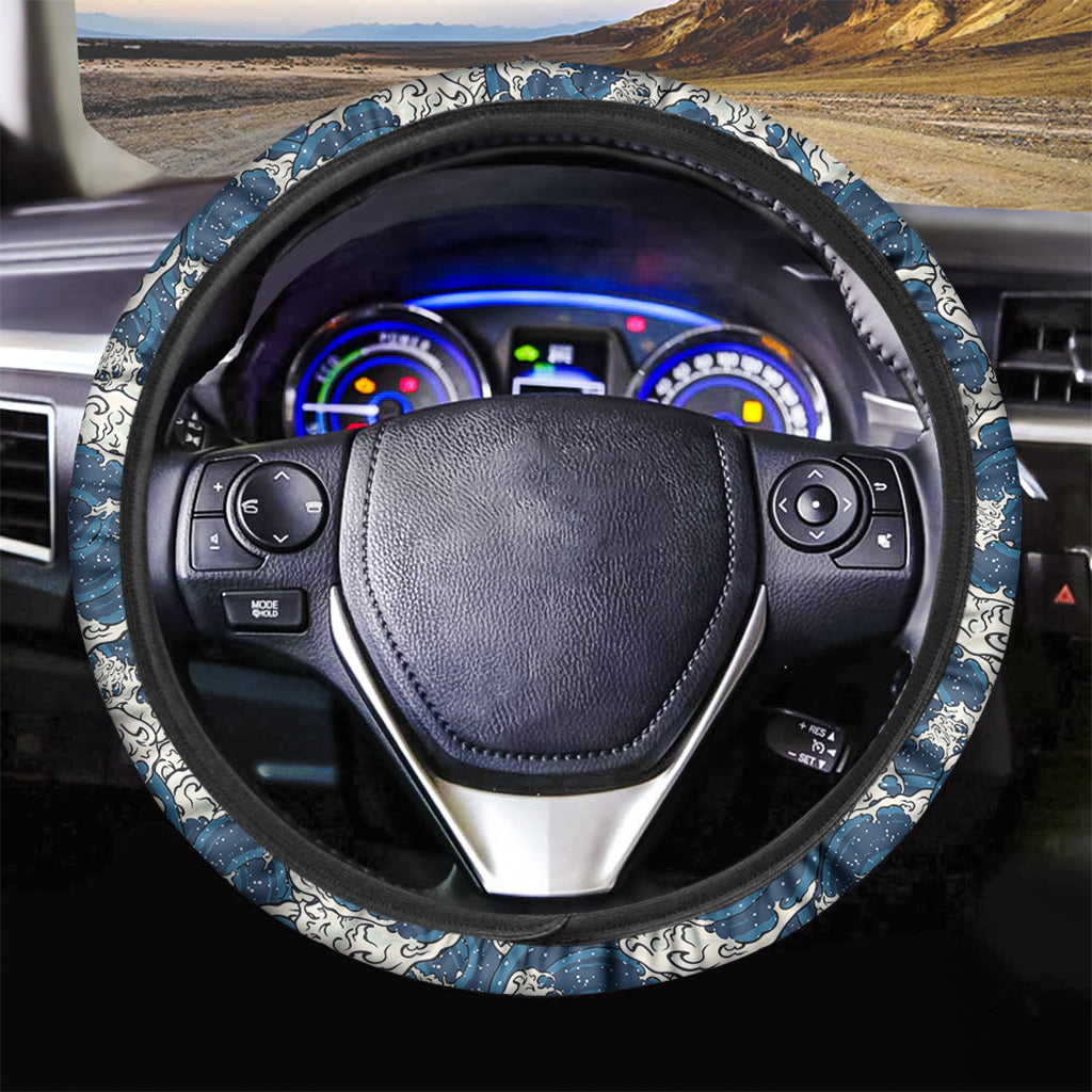 Japanese Ocean Wave Pattern Print Car Steering Wheel Cover