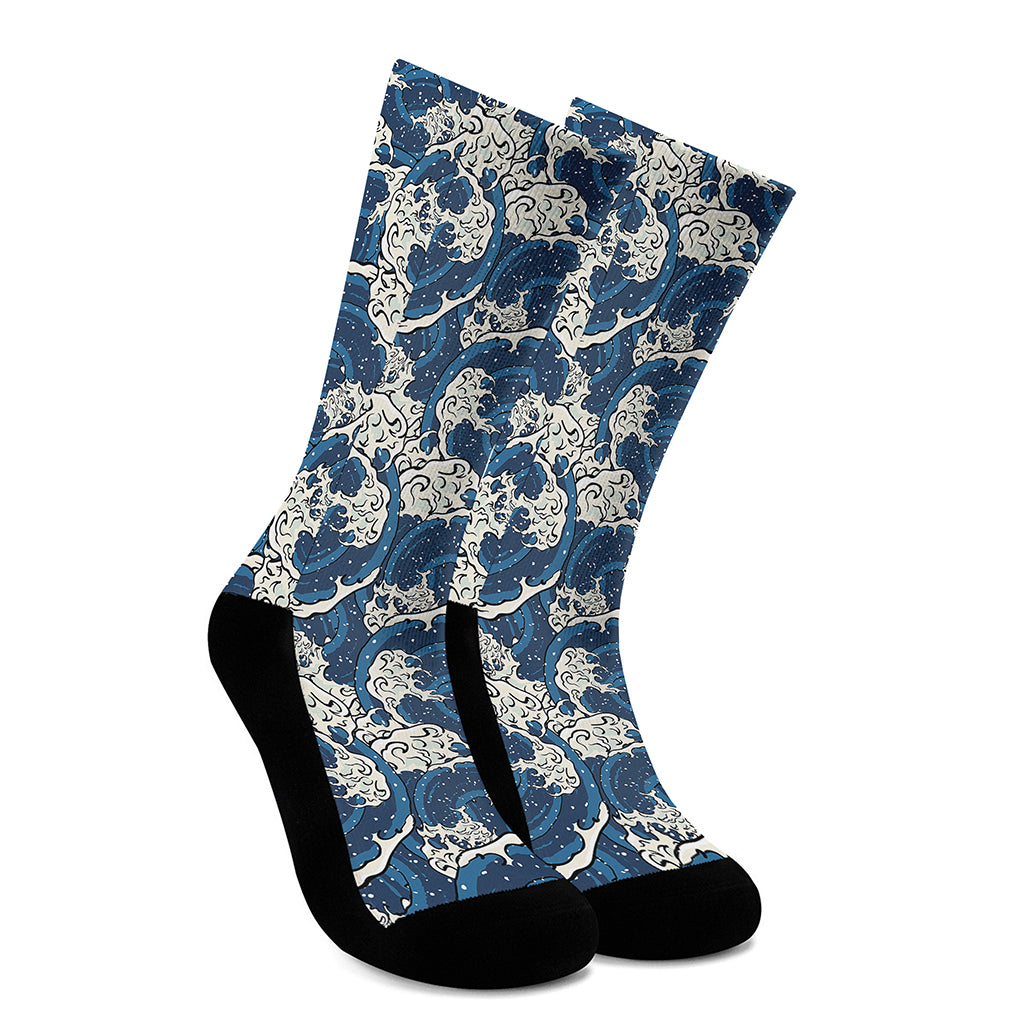Japanese Ocean Wave Pattern Print Crew Socks
