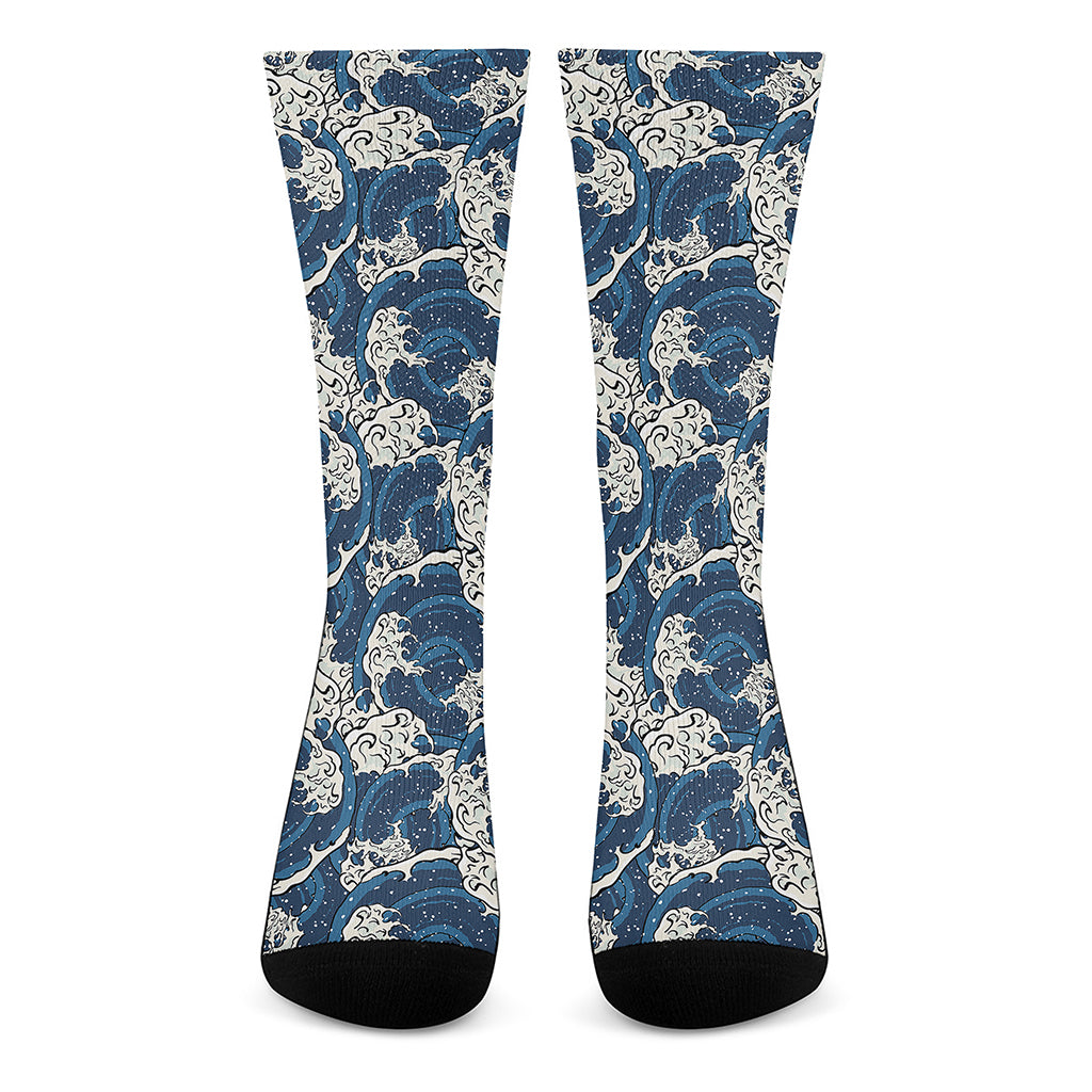 Japanese Ocean Wave Pattern Print Crew Socks