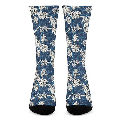 Japanese Ocean Wave Pattern Print Crew Socks