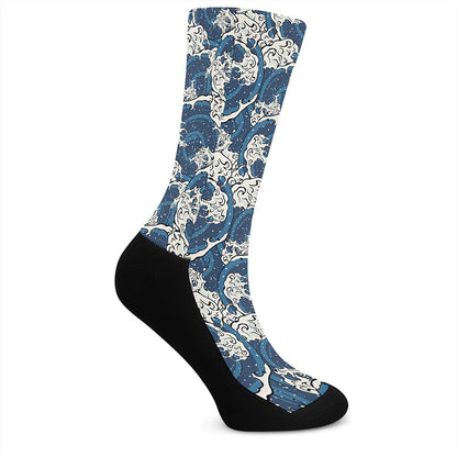 Japanese Ocean Wave Pattern Print Crew Socks