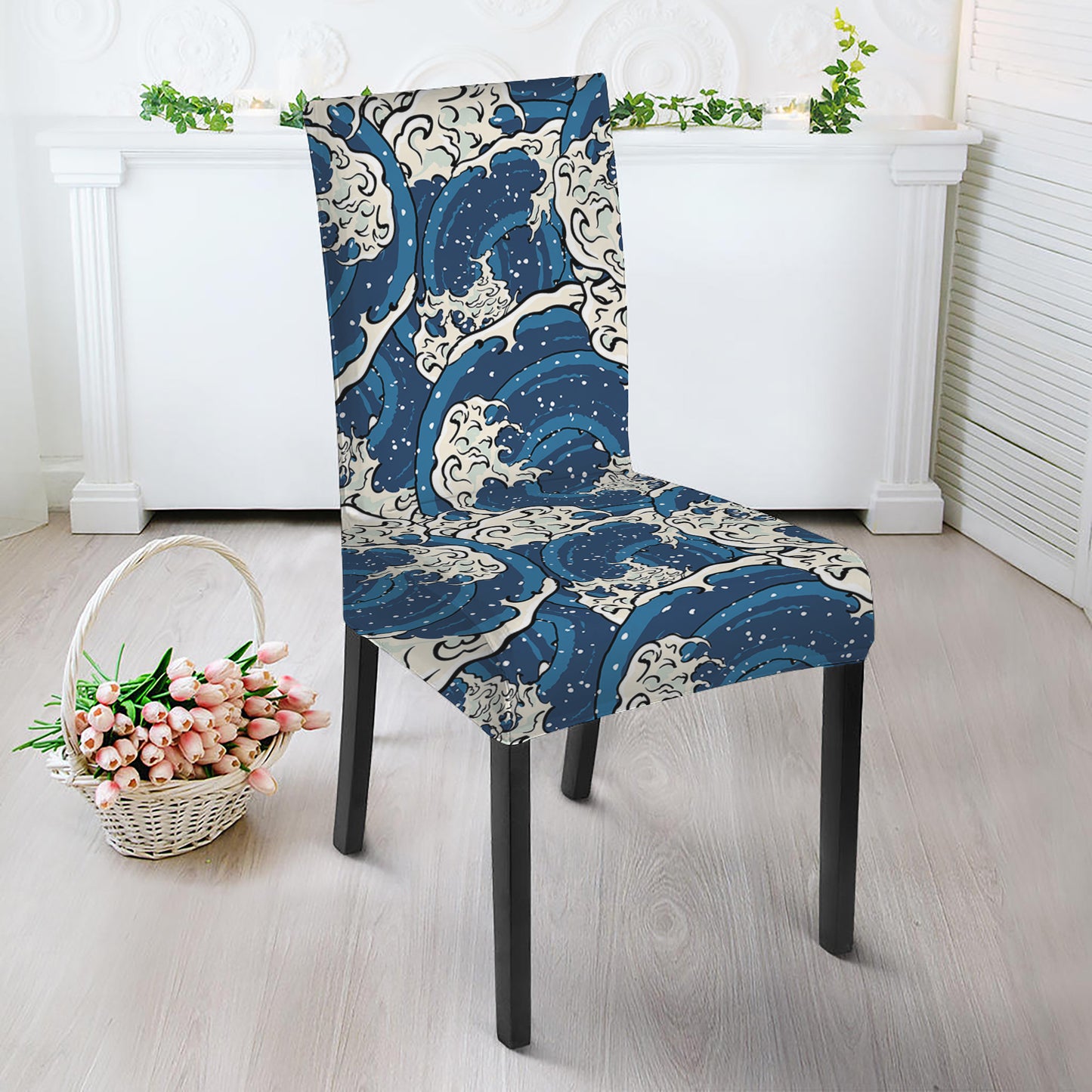 Japanese Ocean Wave Pattern Print Dining Chair Slipcover