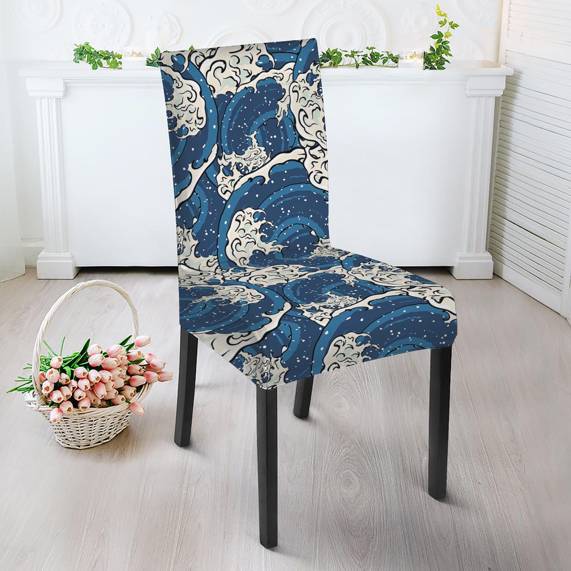 Japanese Ocean Wave Pattern Print Dining Chair Slipcover